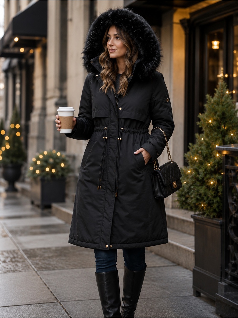 Luxury Black Genuine Fur Trim Hooded Long Parka Coat M NWT